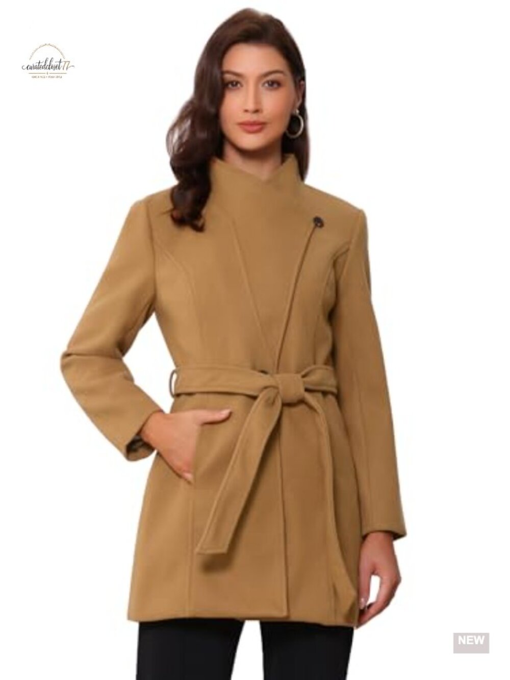 Elegant Stand Collar Long Belted Pea Coat Winter Overcoat